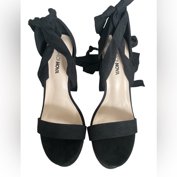 Platforms. Faux suede with wrap around straps. Never worn. - Picture 3 of 8